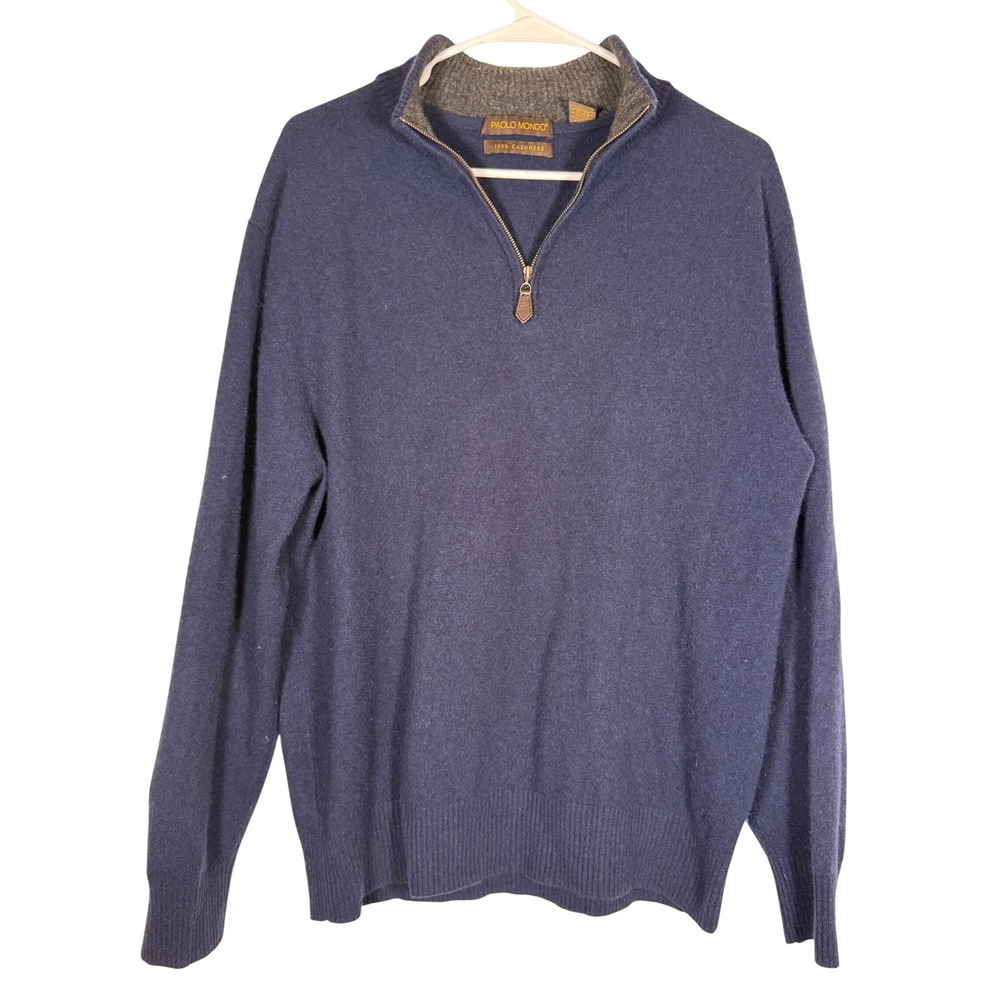 Paolo Mondo Mens Navy Blue 100% Cashmere Quarter Zip Sweater Large Mock Neck
